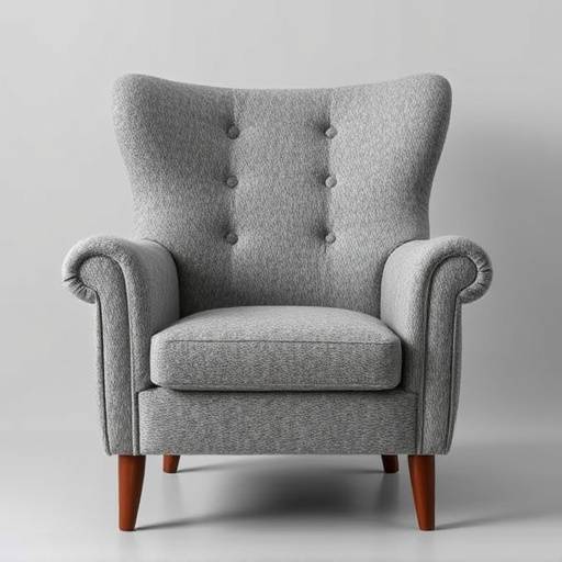 Cozy armchair upholstered in grey wool fabric, featuring a supportive back and sturdy frame