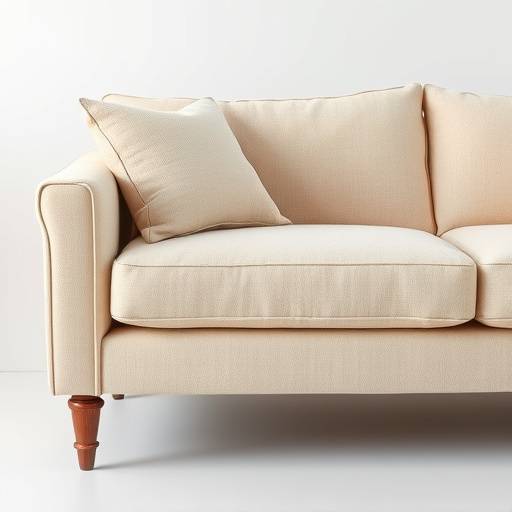 Elegant beige linen sofa with plush cushions and wooden legs