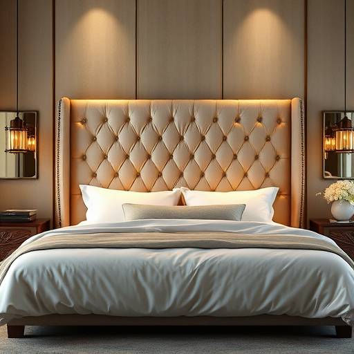 King-sized bed with a tufted headboard, luxurious bedding, and a solid wood frame